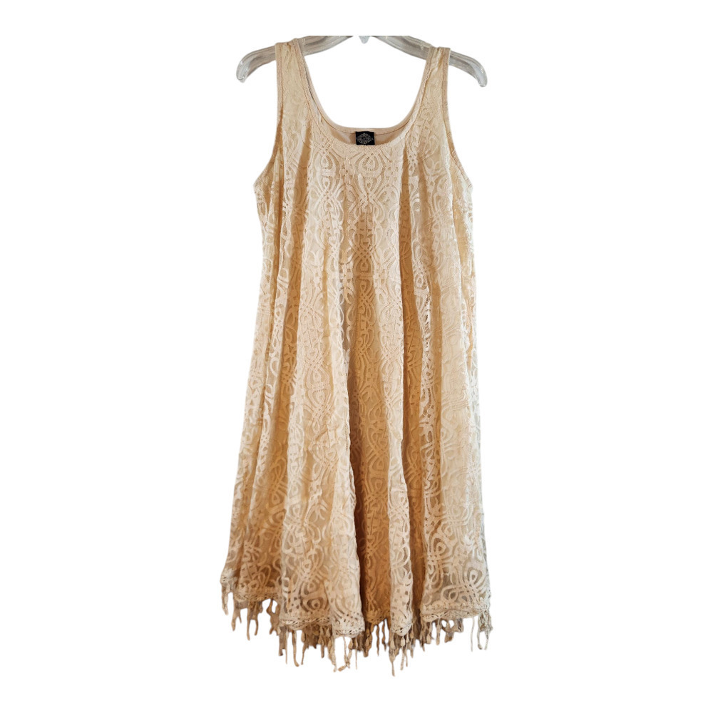 Cal Style lace dress sz med. cream sleeveless fringe lined boho‎
